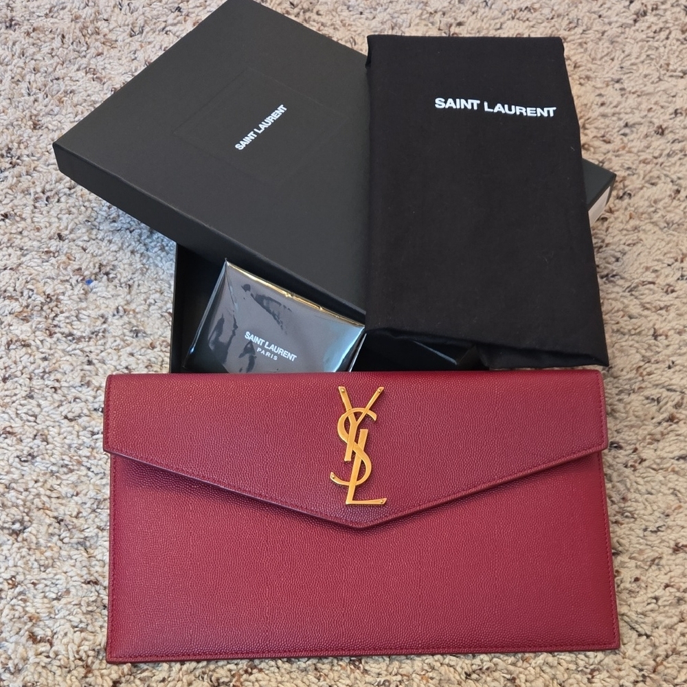 Saint Laurent Burgundy Envelope Clutch with Gold Logo